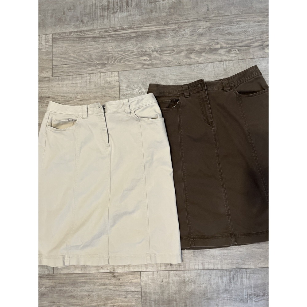 (2) Talbots Size 12 Tan  & Brown Denim  A-Line Skirt Knee Length Stretch